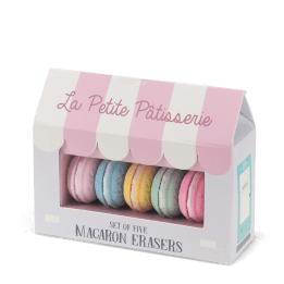 Box of five macaron-shaped erasers in retro-style packaging