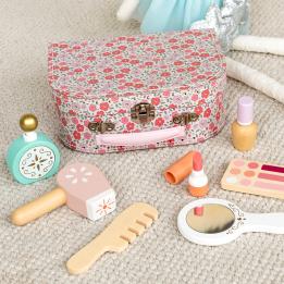 wooden makeup case with showing mirror, perfume bottle, lipstick and comb