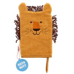 bath mitt shaped like a lion with brown yarn in orange with tag