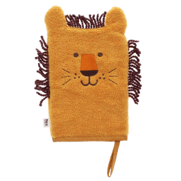 bath mitt shaped like a lion with brown yarn in orange