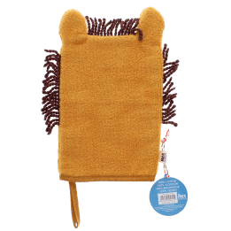 back of bath mitt in orange with tag showing barcode 