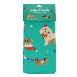 cotton tea towel featuring festive dog print in a packaging