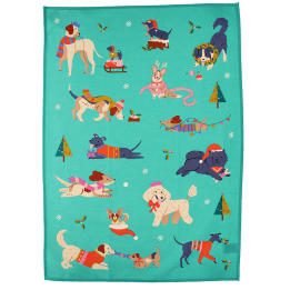 cotton tea towel featuring festive dog print in a green background