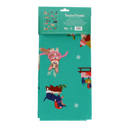 cotton tea towel featuring festive dog print in a packaging