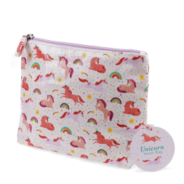 Wash bag in pale pink featuring colourful illustrations of unicorns, rainbows and stars 
