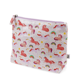 Wash bag in pale pink featuring colourful illustrations of unicorns, rainbows and stars with tag
