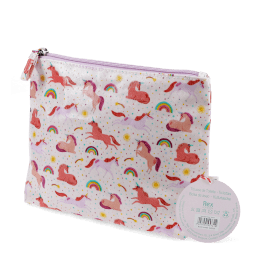 Wash bag in pale pink featuring colourful illustrations of unicorns, rainbows and stars with tag