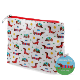 wash bag in white featuring colourful illustrations of sausage dog with tag