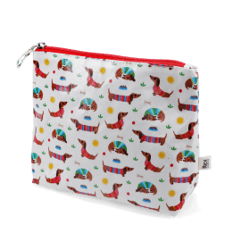 wash bag in white featuring colourful illustrations of sausage dog 