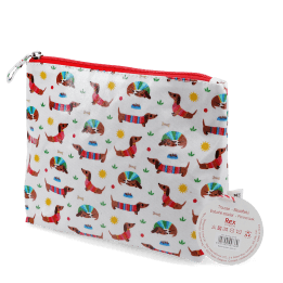 wash bag in white featuring colourful illustrations of sausage dog with tag