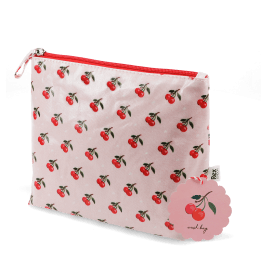 Wash bag in pink featuring colourful illustrations of red cherry print with tag