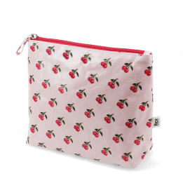 Wash bag in pink featuring colourful illustrations of red cherry print 