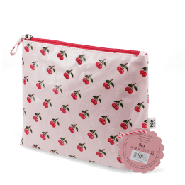 Wash bag in pink featuring colourful illustrations of red cherry print with tag
