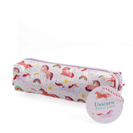 Pencil case in pink featuring colourful illustrations of unicorns, rainbows and stars with tag