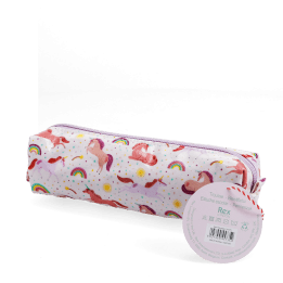 Pencil case in pink featuring colourful illustrations of unicorns, rainbows and stars with tag