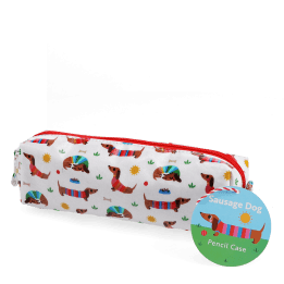 Pencil case in white featuring colourful illustrations of sausage dog with tag