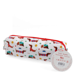 Pencil case in white featuring colourful illustrations of sausage dog with tag