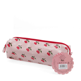 Pencil case in pink featuring colourful illustrations of red cherry print with tag