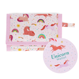 Wallet in pink featuring colourful illustrations of unicorns, rainbows and stars with tag