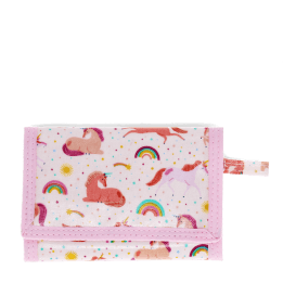 Wallet in pink featuring colourful illustrations of unicorns, rainbows and stars 