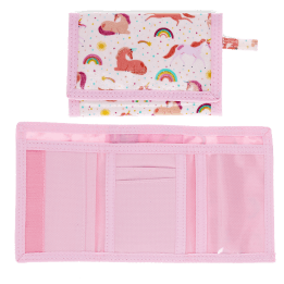 Wallet in pink featuring colourful illustrations of unicorns, rainbows and stars with open cards slot