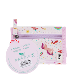 Wallet in pink featuring colourful illustrations of unicorns, rainbows and stars with tag
