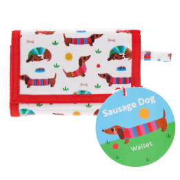 Wallet in white featuring colourful illustrations of sausage dog with tag