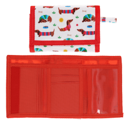 Wallet in white featuring colourful illustrations of sausage dog wearing striped jumper with open cards slot