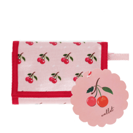 Wallet in pink featuring colourful illustrations of red cherry print with tag