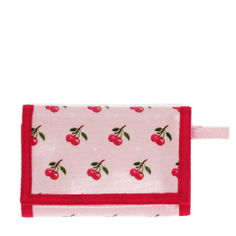 Wallet in pink featuring colourful illustrations of red cherry print 