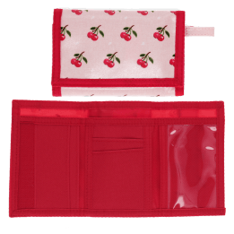 Wallet in pink featuring colourful illustrations of red cherry print with open cards slot