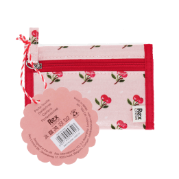 Wallet in pink featuring colourful illustrations of red cherry print with tag