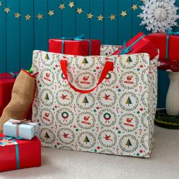 Christmas storage bag with classic designs, filled with presents