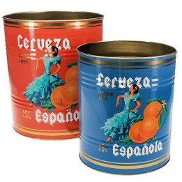 Two cylindrical tins with red and blue designs, featuring a woman in a blue dress, oranges, and 'Cerveza Española' text