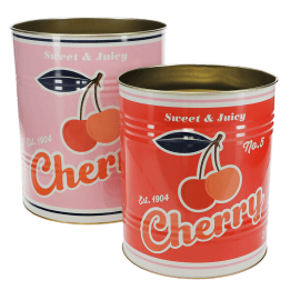 Two retro-style cherry-themed storage tins, one pink and one red,