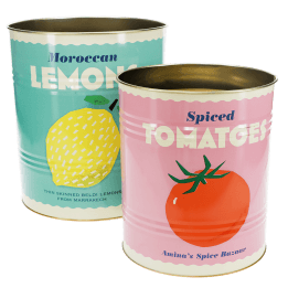 Two retro-style storage tins featuring one with a lemon print and one with a tomato print in different colour