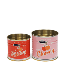 Two vintage-style cherry-themed storage tins, one small red and one larger pink