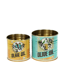 Two vintage-style olive oil-themed storage tins.