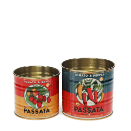 Two vintage-style passata-themed storage tins, one small with a tomato print and one large with a chilli print.