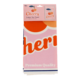 Cotton tea towel featuring a cherry print with pink background in a packaging