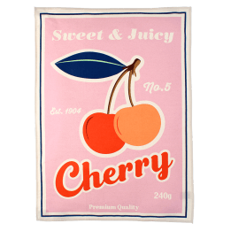 Cotton tea towel featuring a cherry print with pink background