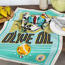 cotton tea towel featuring olive oil and birds print 