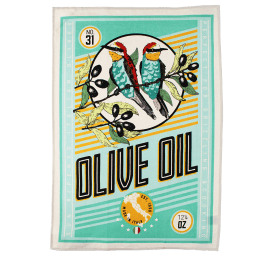 cotton tea towel featuring olive oil and birds print 