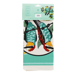 cotton tea towel featuring olive oil and birds print in a packaging
