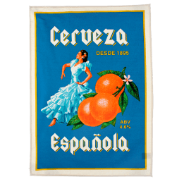 Cotton tea towel featuring a stylized "Cerveza Española" design, with an illustration of a woman in traditional Spanish dress