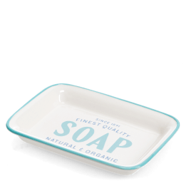 Rectangular ceramic soap dish with a light blue border and printed text 'SOAP'