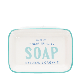 Rectangular ceramic soap dish with a light blue border and printed text 'SOAP'