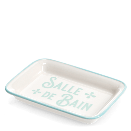 Rectangular ceramic soap dish with a light blue border and printed text 'Salle de bain' 