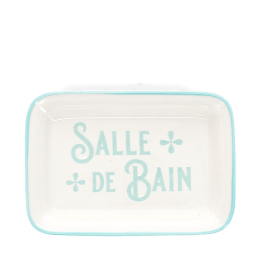 Rectangular ceramic soap dish with a light blue border and printed text 'Salle de bain' 
