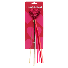 Red heart wand with glittery top and ribbon streamers in packaging